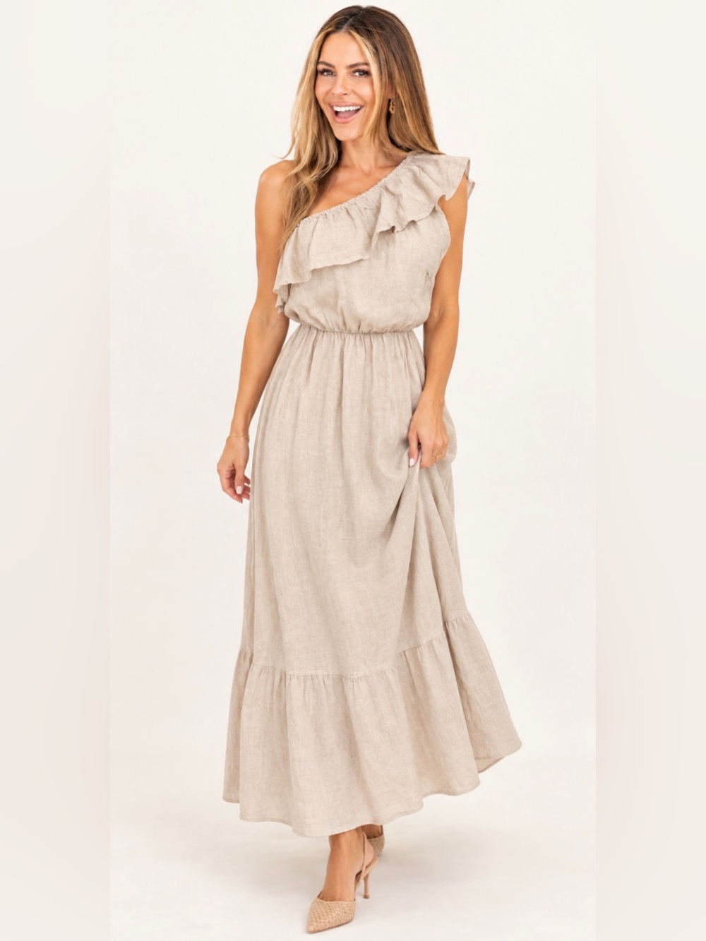 Made in Italy One-Shoulder Linen Blend Midi Dress Large